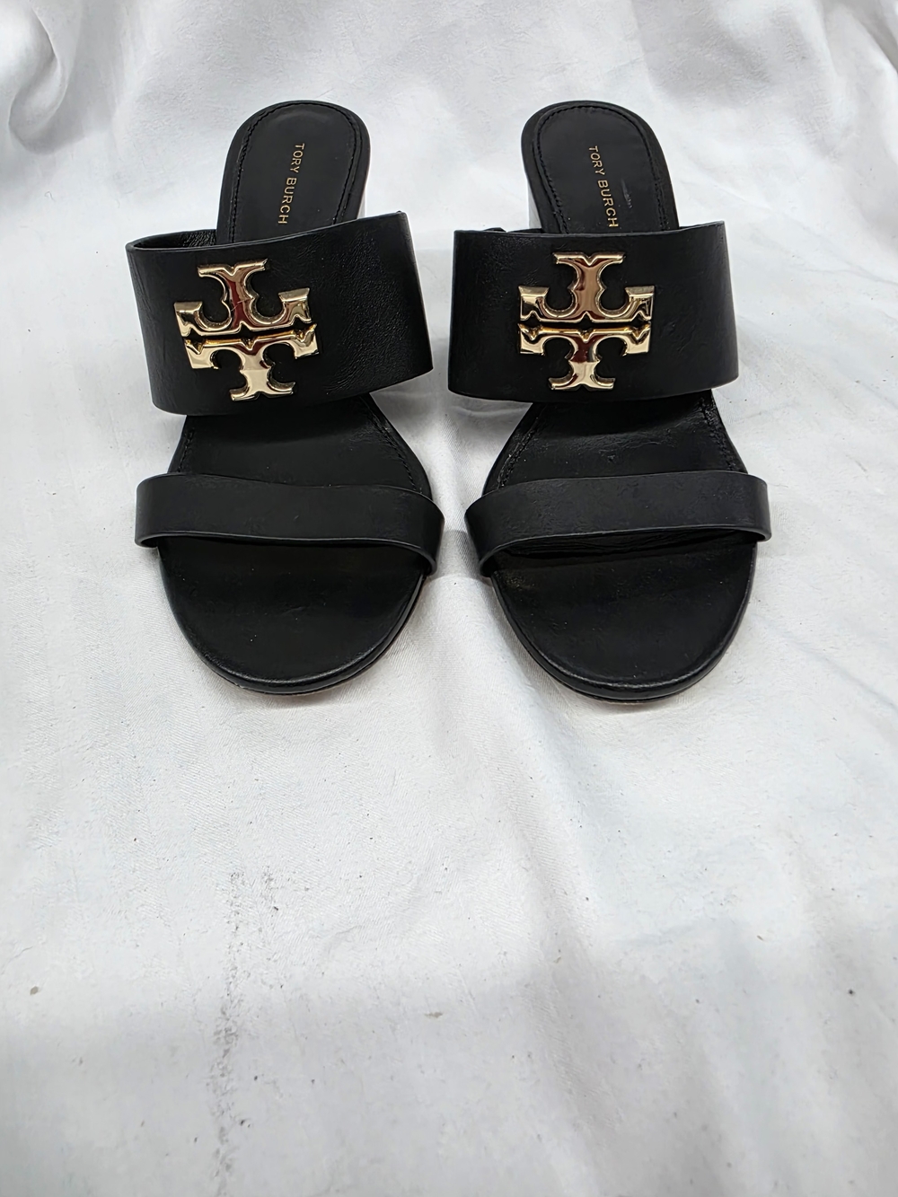 Tory Burch Black Leather Slide Mules with Gold Logo